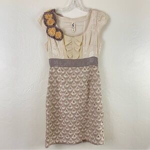 Anthropologie Floreat Size 0 Tan & Cream Floral Riffled Teed Pencil Skirt Dress